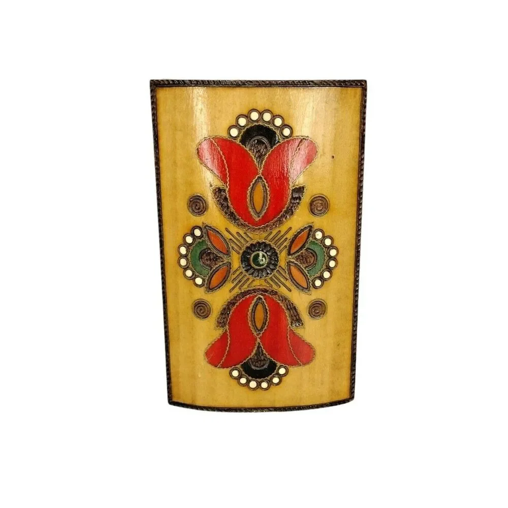 Vintage Folk Art Wood Pyrography Hinged Trinket Jewelry Lock Box Hand Crafted